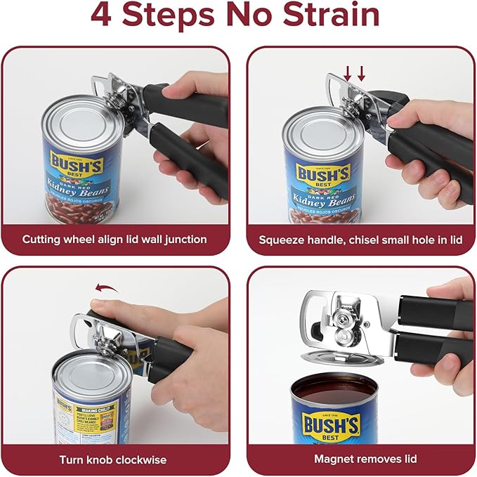 Can Opener Manual 2-in-1 with Magnet, Hand Held Can Openers with Stainless Steel Sharp Blade (Smooth Cut), Large Effortless Turn Knob, Non-Slip Soft Rubber Handle, Built-Bottle Openers, Black