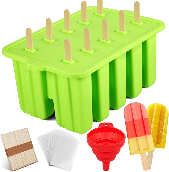 Popsicles Molds,10-Cav Silicone Popsicle Molds for Kid, BPA-Free Popsicle Mold, Ice Pop Mold Maker, Food Preparation Molds With 50 Bags, 50 Strips and Funnel (#Green)
