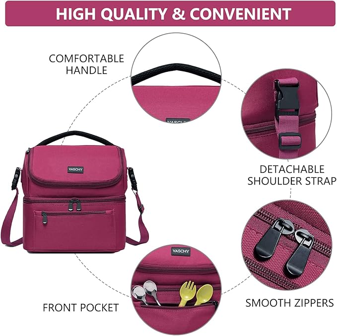 VASCHY Lunch Bag, Insulated Lunch Box Leak-proof Cooler Bag in Dual Compartment Lunch Tote for Men, Women, 14 Cans (Burgundy)