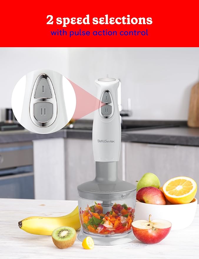 BETTY CROCKER Immersion Blender for Home & Kitchen, 2-Speed Hand Mixer Electric Handheld with Stainless Steel Blade, Beaker & Whisk, 250W Portable Blender with Ergonomic Handle, White