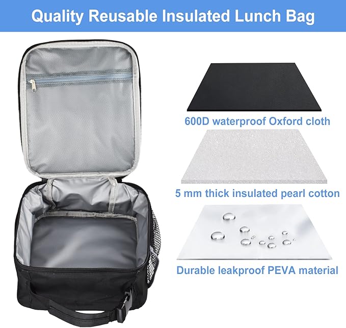 Insulated Lunch Bag, Leakproof Portable Lunch Box for Women Men Boys Girls, Large Capacity Cooler Bag with Handle and Bottle Pocket for Office School Camping Hiking Outdoor Beach Picnic (Black)