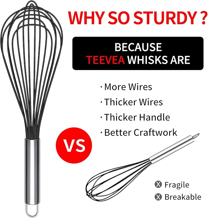 TEEVEA Silicone Whisk Set of 3 Non Scratch Non Stick Silicone Coated Stainless Steel Wire Whisks Heat Resistant 480°F Kitchen Wisk for Cooking Blending Whisking Tool Black