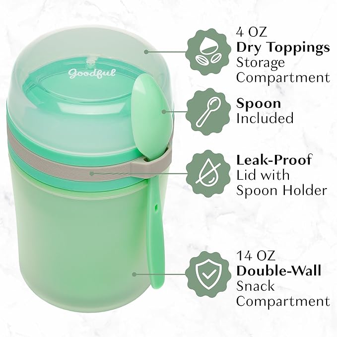 Goodful Double Wall Insulated Yogurt Container, Leak Proof Food Storage, Snack Container with Reusable Plastic Spoon, Microwave Safe, Dishwasher safe, Freezer Safe, 14-Ounce, Green