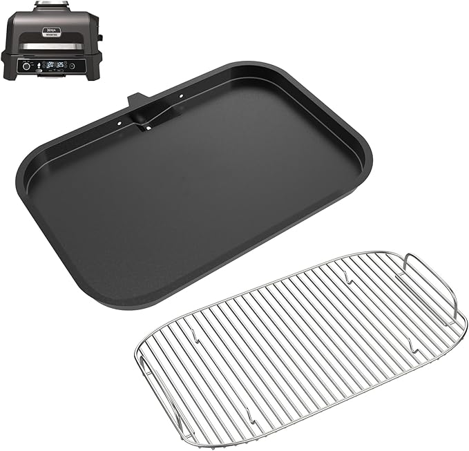 OG900 Griddle Pan and Rack for Ninja Woodfire XL OG800 & OG900 Series Grills Accessories, Non-Stick Flat Top Griddle Plate for Ninja OG951 OG850 OG952 XSKGRDPLT Pro Connect XL, Stainless Steel Rack
