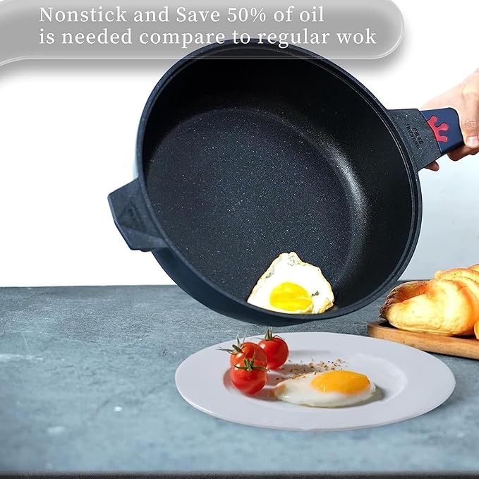 TIBORANG 8 in 1 Multipurpose 11 Inch 5 Quart Heat Indicator Nonstick Deep Frying Pan with Glass Lid, Stay-cool Handle, Steamed Grid, PFOA-Free,Dishwasher&Oven Safe,Works with All Stovetops(Navy Blue)