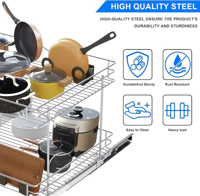 FULGENTE Chrome Finish Pull Out Drawer Cabinet Organizer 20" Wx18 Dx15.12''H 2 Tier Heavy Duty Slide Out Kitchen Storage Shelves Wire Frame Under Shelf Sliding Drawers for Inside Cupboard