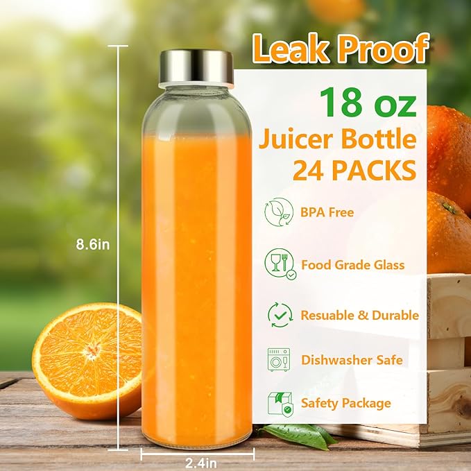 Zukro 24 Pack Glass Water Bottles with Lids 18 oz, Reusable Clear Juice Bottles With Stainless Steel Airtight Cap for Juicing, 100% Leak Proof Juice container Drinking Jar, Fridge Safe, BPA Free