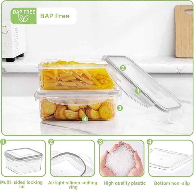 HOMBERKING 32 Pieces Food Storage Containers Set with Snap Lids (16 Lids + 16 Containers), Meal Prep Airtight Plastic Containers, BPA-Free Lunch Containers for Kitchen Organization, Pantry, Home, Grey