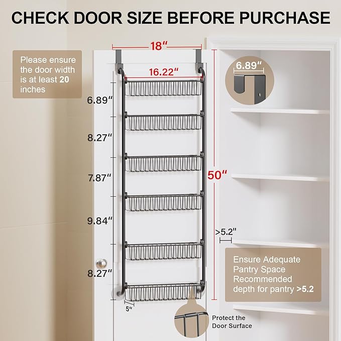 Delamu Over the Door Pantry Organizer, 6-Tier Metal Pantry Door Organization and Storage, Hanging Kitchen Basket Spice Rack Seasoning Shelves, Cabinet Door Organizer for Easy Install,D5xW18xH50inch