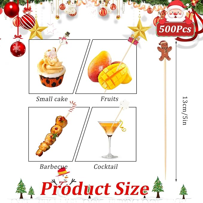 500 Pieces Christmas Cocktail Picks Bamboo Sticks Long Toothpicks for Appetizers for Drinks 4.7 Inch Bamboo Skewers for Appetizers Charcuterie Boards Accessories
