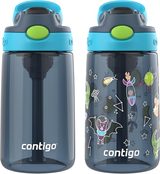 Contigo AutoSpout Kids Water Bottle with Pop up-Straw, 14oz, BPA-Free Plastic, 2-Pack, Blueberry & Bluberry Nightfall, Great for Home and School