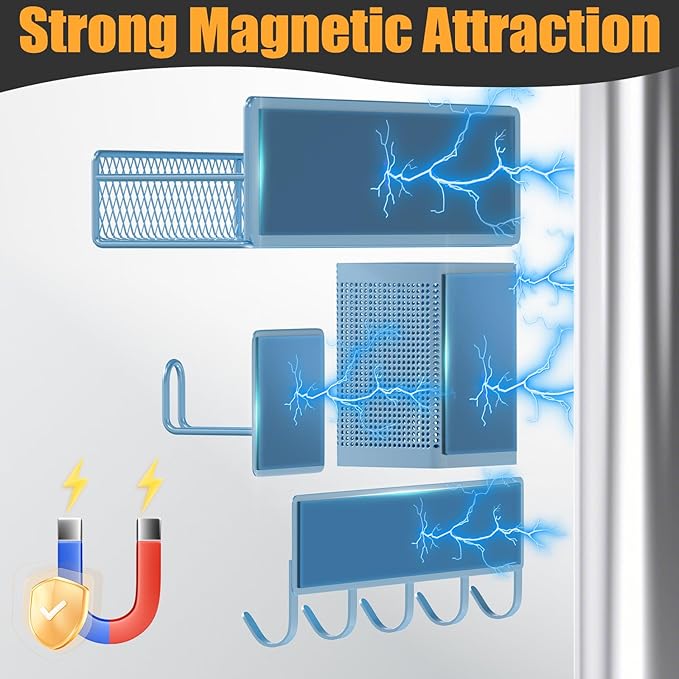 Magnetic Spice Rack for Refrigerator, 10 Pack 100% Metal Strong Magnet Shelf, Moveable Spice Organizer W/ Adjustable Paper Towel Holder, Hook Rack & Utensil Caddy, Home Kitchen Laundry Storage, Blue