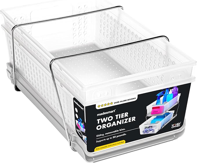 madesmart 2-Tier Organizer, Slide-Out Storage for Home and Bath, Frost