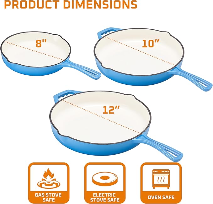 Bruntmor Pre-Seasoned Cast Iron Frying Pan Set - 8, 10, 12 Inch Blue Enamel Nonstick Skillets with Tempered Glass Lid - Oven Safe Egg and Grill Pan Set for Cooking, Searing, and Frying