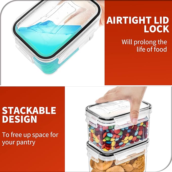 Skroam 24 Pack Airtight Food Storage Containers with Lids for Kitchen Pantry Organizers and storage, Plastic Canister Set for Cereal, Pasta, Flour & Sugar - Spoon Set, Labels & Marker