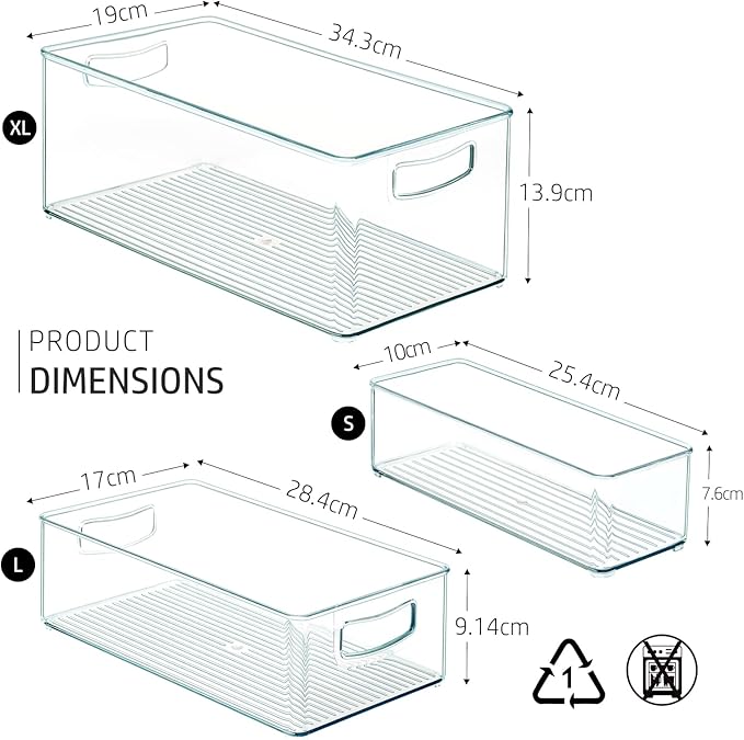 Hudgan 8 PACK Stackable Pantry Organizer Bins (3 sizes) - Clear Fridge Organizers for Kitchen, Freezer, Countertops, Cabinets - Plastic Food Storage Container with Handles for Home and Office