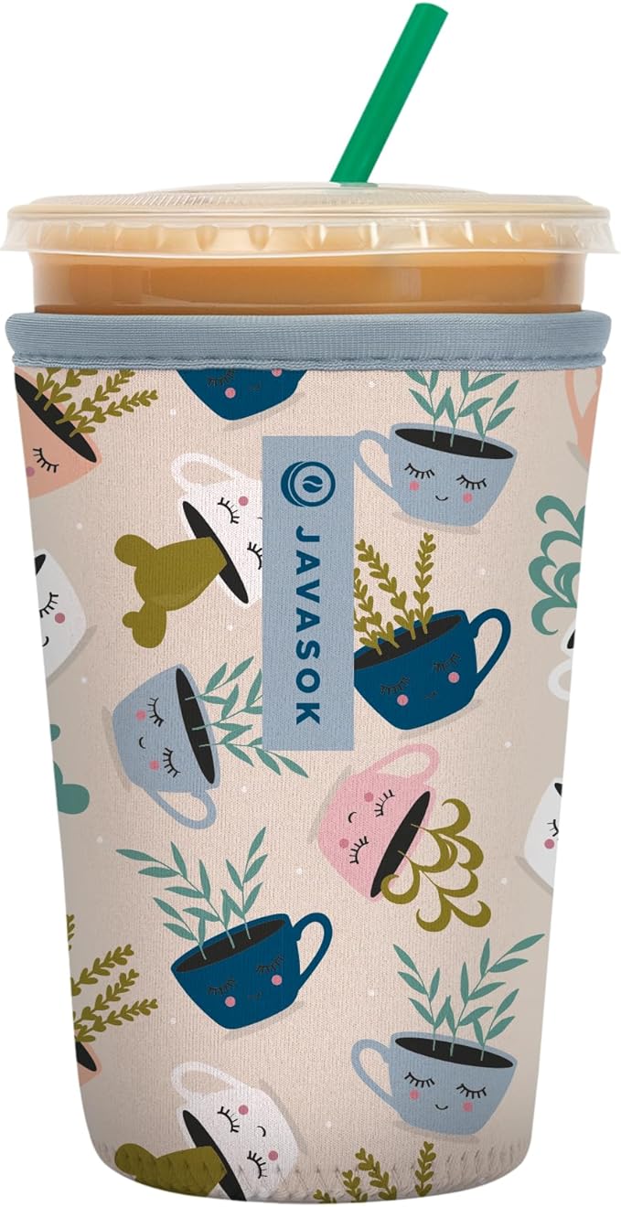 Sok It JavaSok Iced Coffee & Cold Soda Insulated Neoprene Cup Sleeve (Botanical Teacups, Medium: 22-28oz)