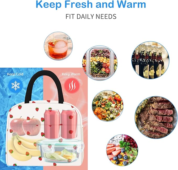 DALINDA Lunch Bag Lunch Box for Women Men,Cute Strawberry lunchbag Reusable Insulated Lunch Tote Bag