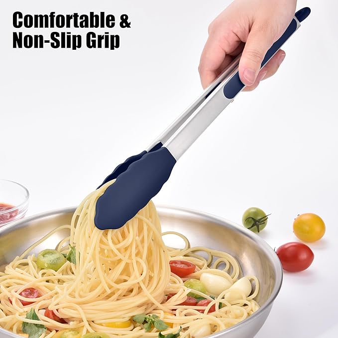 Doosu Kitchen Tongs for Cooking - 600°F Heat Resistant Food Tong Set with Non-Scratch Silicone Tips, Heavy Duty Stainless Steel Locking Tong for BBQ, Grilling Steak, Serving (7+9+12in, Navy Blue)