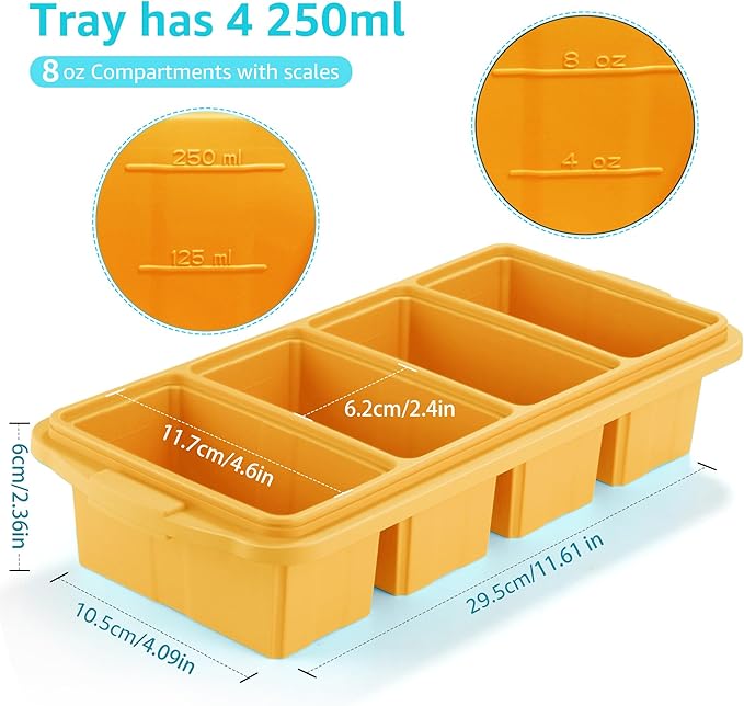 Silicone Freezer Tray With Lid - Silicone Freezer Food Molds- Large Ice Cube Tray,Silicone Freezer Container,Freeze & Store Soup, Sauce, Broth,Leftovers - Makes 4 Perfect 1 Cup