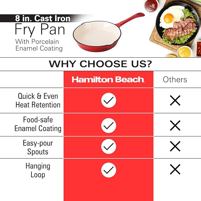 Hamilton Beach Enameled Cast Iron Fry Pan 8-Inch Red, Cream Enamel coating, Skillet Pan For Stove top and Oven, Even Heat Distribution, Safe Up to 400 Degrees, Durable