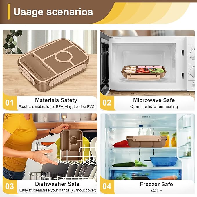 Bento Box Adult Lunch Box Kids,Lunch Containers for Adults/Kids/Toddler,5 Compartments Bento Lunch Box with Sauce Vontainers,Microwave & Dishwasher & Freezer Safe,BPA-Free (Brown)