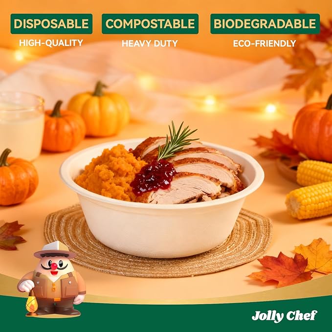 JOLLY CHEF Compostable Disposable Paper Bowl [16 oz] Heavy Duty Soup Containers [500 Pack] Biodegradable Bagasse Hot Cold Food Eco-Friendly Sugarcane Microwavable Bowls for Salad Milk Thanksgiving Day