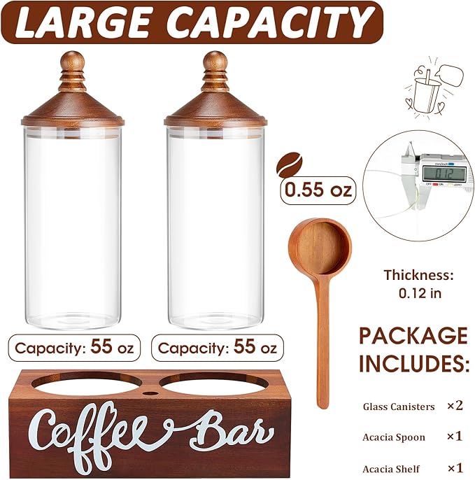 YangbagaGlass Sugar Coffee Canister for Ground Coffee,2×55OZ Coffee Containers with Wood Handle Shelf Coffee Station Coffee Bar Accessories Organizer Decor, Cereal Containers Storage with Wood Scoop
