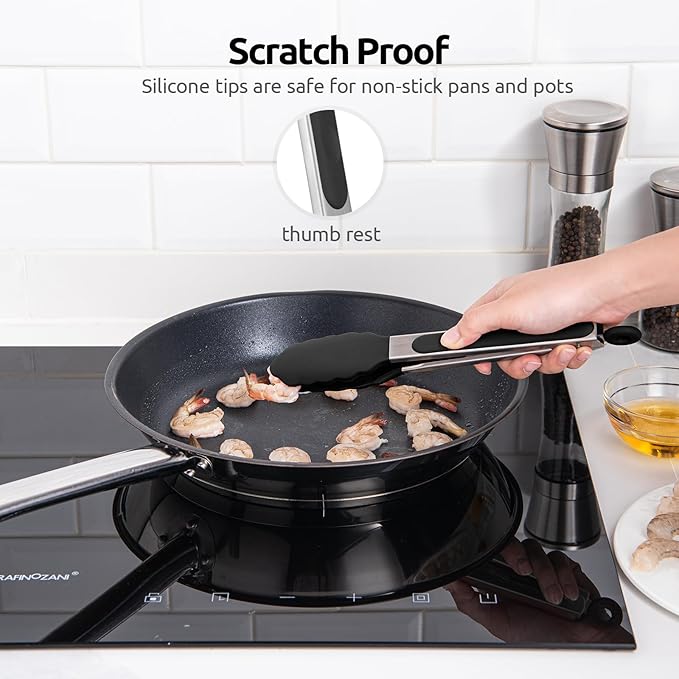 Heat Resistant Silicone Kitchen Tong: U-Taste 9 inch 480ºF Hot Proof Cooking Tong with Firm Sealed Non Stick Rubber Tips & Silicon Coated Steel Handle & Smooth Locking for Serving Grill Salad (Black)