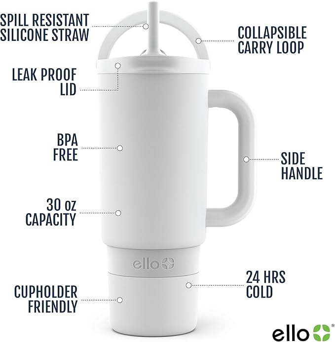 Ello Port 30oz Tumbler with Carry Loop & Integrated Handle | Vacuum Insulated Stainless Steel Reusable Water Bottle Travel Mug | Leak Proof Lid | Flexible Straw | BPA-Free | Dishwasher Safe | White