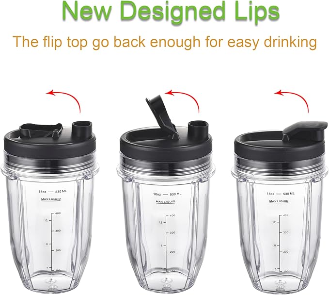 [Upgraded] Replacement 18oz Cups for Nutri Ninja Blenders, Blender Replacement Parts with Upgraded Lid For Auto-IQ BL480, BL482, BL490, BL640, BL642, & BL680 Auto IQ Series Blenders., 2 Pack