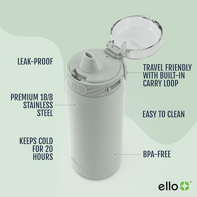 Ello Cooper 18oz Kids Stainless Steel Water Bottle with Straw and Carry Handle, Double Walled and Vacuum Insulated Metal, Leak Proof Locking Lid with Soft Silicone Spout, Reusable, BPA Free, Sage