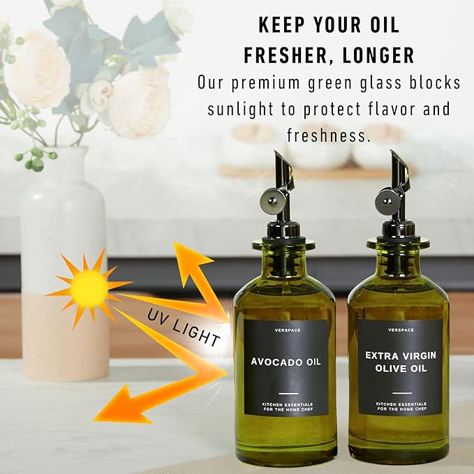 Green Glass Olive Oil Dispenser Bottles For Kitchen, Avocado Oil Dispenser Set, Modern Decor, Gold Kitchen Accessories for Home, Airbnb, Cafe (Black, Set of 2)