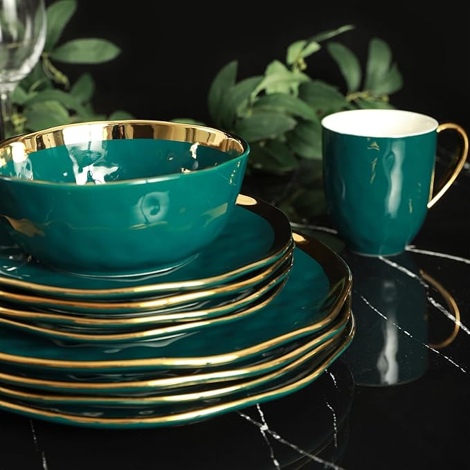 Stone Lain Florian Modern Porcelain 16 Piece Dinnerware Set, Plates and Bowls Set, Dish set for 4, Green and Golden Rim