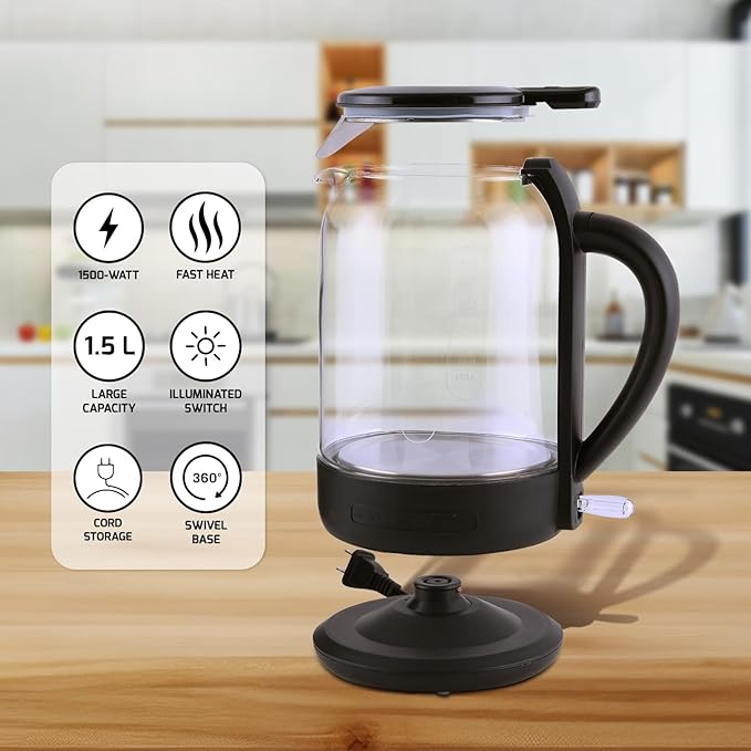 OVENTE Electric Kettle with 1.5L Borosilicate Glass, 1500W Fast Boiling Water Heater for Coffee or Tea, Easy to Fill Lid, Auto Shut-Off, Boil-Dry Protection & Stainless Steel Filter, Black KG516B