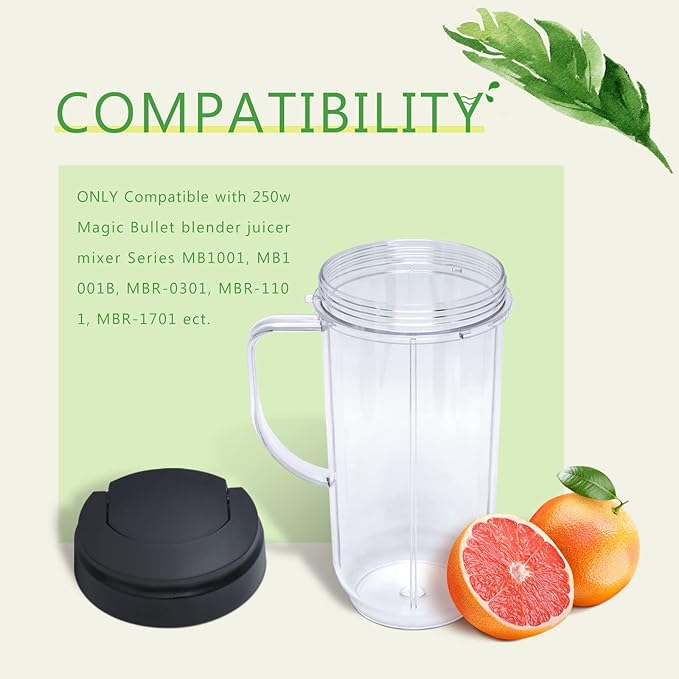 2 Packs Replacement for Magic Bullet Blender Cups, Tall 22oz Cup w/Flip-Top To-Go Lid, Blender Replacement Parts, Mug with Handle Compatible with Magic Bullet 250w MB1001