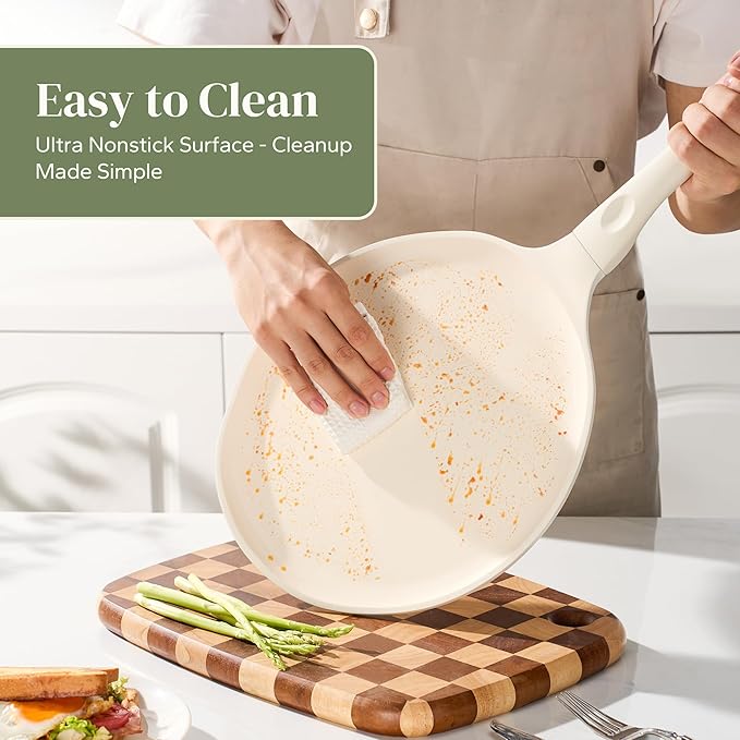 Redchef Nonstick Crepe Pan Nonstick 12 Inch with Ceramic Coating, Non Stick Flat Skillet, Professional Pancake Griddle Pan, Induction Compatible, PFAS/PFOA/PTFE Free, Stay-Cool Handle (Beige White)