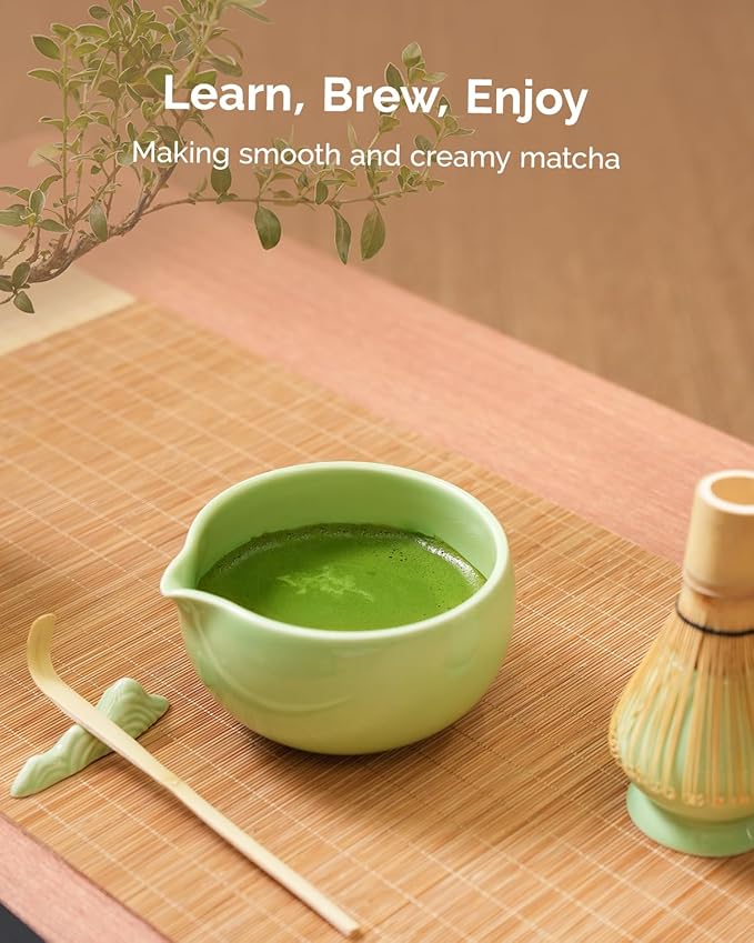 Maestri House Matcha Whisk Set, 7 Pcs Complete Matcha Kit with Spouted Ceramic Bowl, Bamboo Whisk & Holder, Scoop & Sifter, Tea Cloth – Ideal Gift for Matcha Lovers(Green)