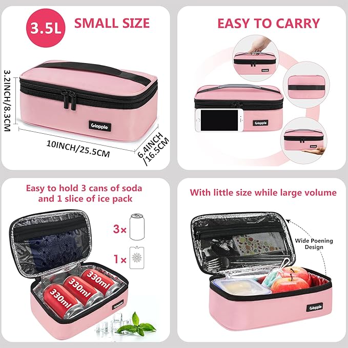 Gloppie Small Lunch Bag - Insulated Lunch Box, Mini Lunchbox Lunch Cooler Bag, Petty Food Containers, Snack Bag, for Adult, Pink