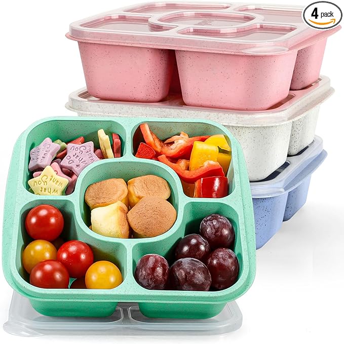 Caperci Original Bento Snack Box and Lunchable Containers for Kids & Adults - 5 Compartment Food Storage Containers for Snacks and Meals, Wheat Straw, BPA-Free, Set of 4 (Multicolor & Clear Lids)