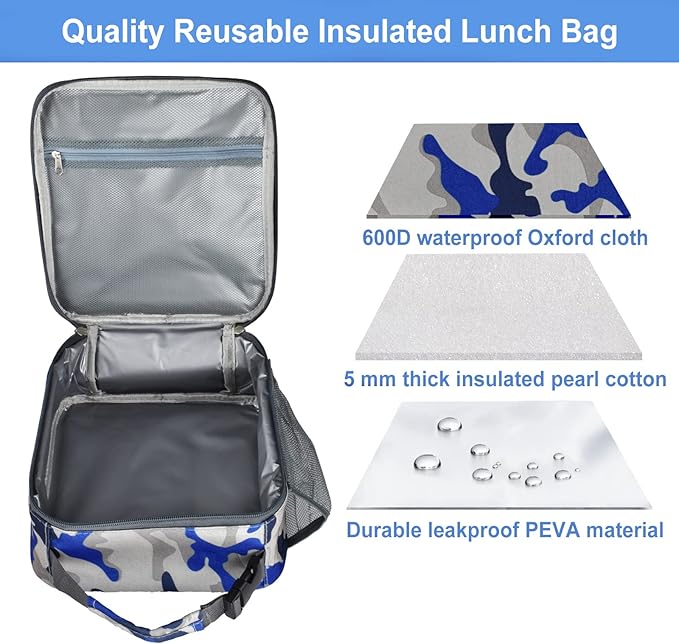 Insulated Lunch Bag, Leakproof Portable Box for Women Men Boys Girls, Large Capacity Cooler Bag with Handle and Bottle Pocket for Office School Camping Hiking Outdoor Beach Picnic (Camo Blue)