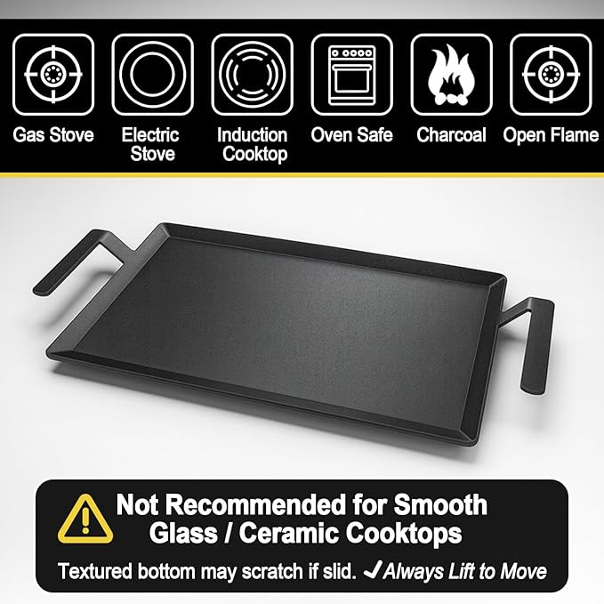 Carbon Steel Griddle for Gas Grill, 19.6" x 10.5" Double Burner Griddle Comes with Grill Press, Griddle Pan for Stove Top, Versatile Stovetop Oven, Induction Cooktop, Flat Top Plate for Charbroil Etc