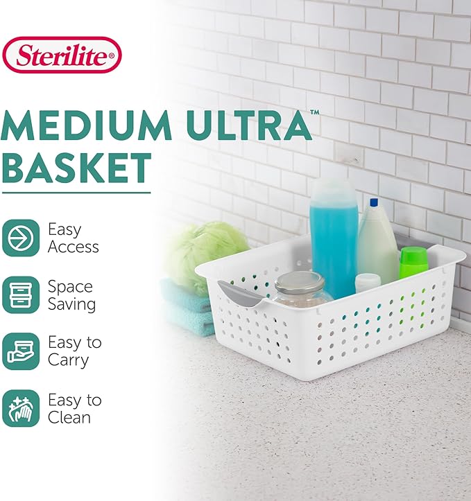 Sterilite 24-Pack Medium Ultra Basket, Open Top Plastic Storage Organizer, White - Classic Baskets for Organizing Countertops, Pantry Shelves, Kitchen Cabinets, Laundry Rooms or Home Offices