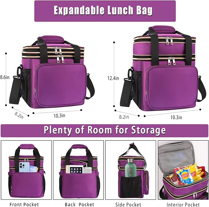 GLENKEY Expandable Insulated Lunch Box, Double Deck Lightweight Large Lunch Bag Tote Leakproof Cooler Bags for Women Adults Work Outdoor Picnic Daytrip, Purple, 16L
