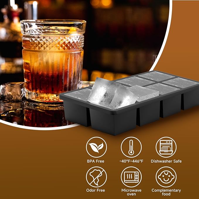 Samuelworld Large Silicone Ice Cube Tray Molds, 3-Pack, Big 2 Inch Cubes - Food Grade, Flexible, 8 Cavity Easy Release Slow Melting Ice for Whiskey, Cocktails, Gifts & Christmas - Black（Ice Bag）