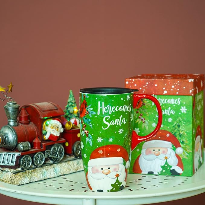 Topadorn Christmas Ceramic Mug Coffee Cup with Sealed Lid and Gift Box Latte Mug, 17oz. Here Comes Santa Claus
