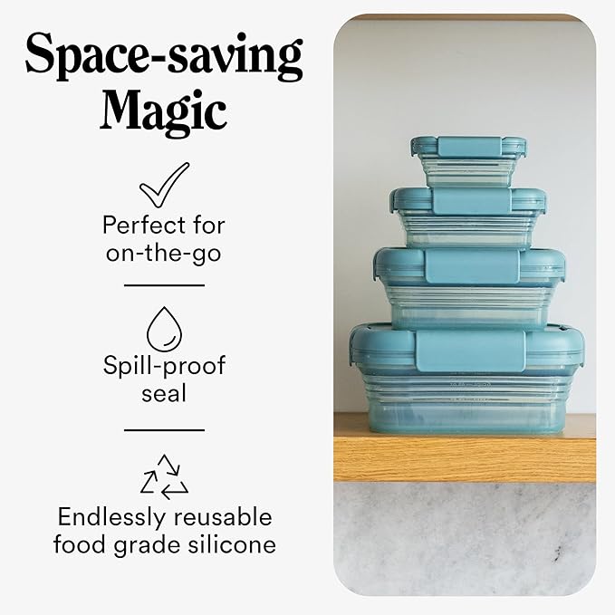 Stojo Nestable Collapsible Food Storage Container -Set of 4, Eucalyptus- Leak-Proof Airtight Seal Made With Food Grade Silicone For Meal Prep, Lunch Box, Pantry Organizer - Microwave & Dishwasher Safe