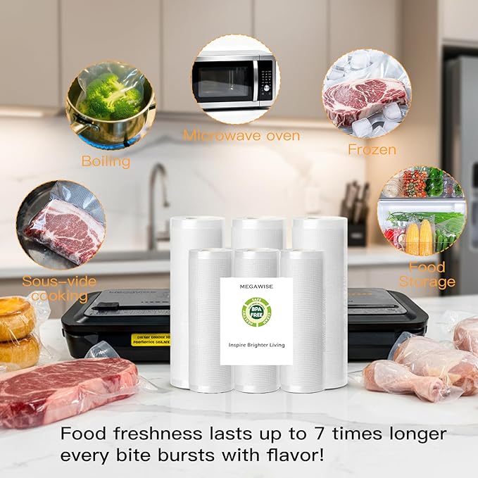 MegaWise 5 Rolls of Vacuum Sealer Machine Bags, 8 inch wide and 21.6 Feet Long for Megawise & other brand vacuum Perfect for Meal Prep and Sous Vide Cooking