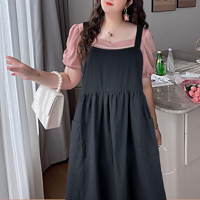 Uaussi Cotton Linen Apron Cross Back Work Apron for Women with Pockets Pinafore Dress X Cross Halter Apron for Chef Gardening