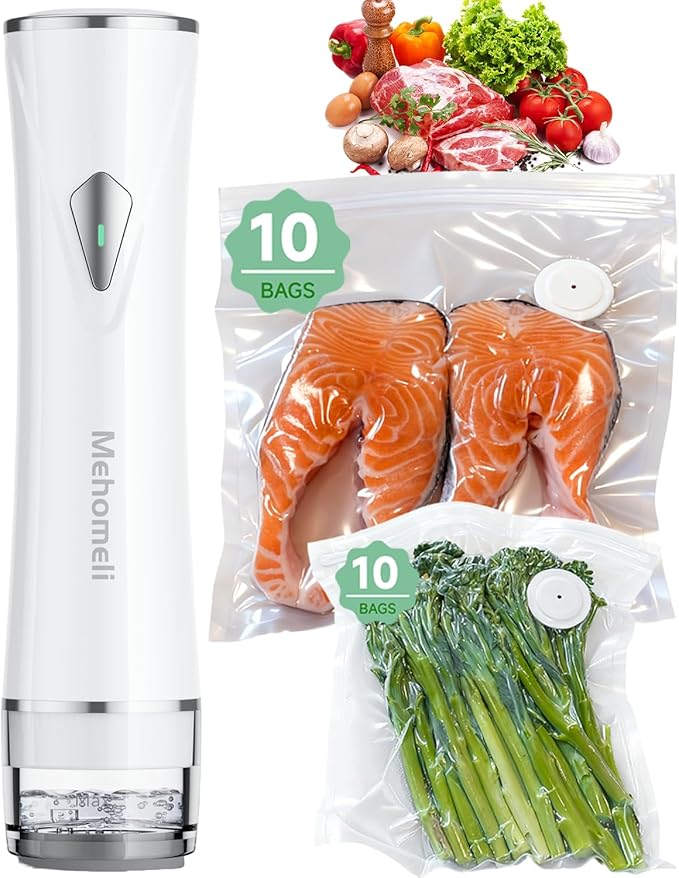 Compact Vacuum Sealer for Food (Vacuum Sealer Machine + 20 Reusable Vacuum Bags), Powerful Handheld Vacuum Sealer Machine, Seal Food 6X Fresh Longer, Portable & Wireless, Easy-Clean